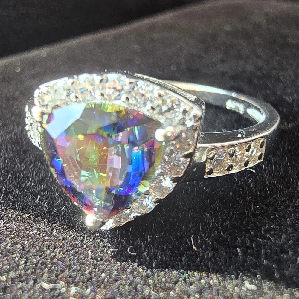 Mystic Topaz Rainbow Trilliant (Trillion) Cut 925 Sterling Silver Ring Pave